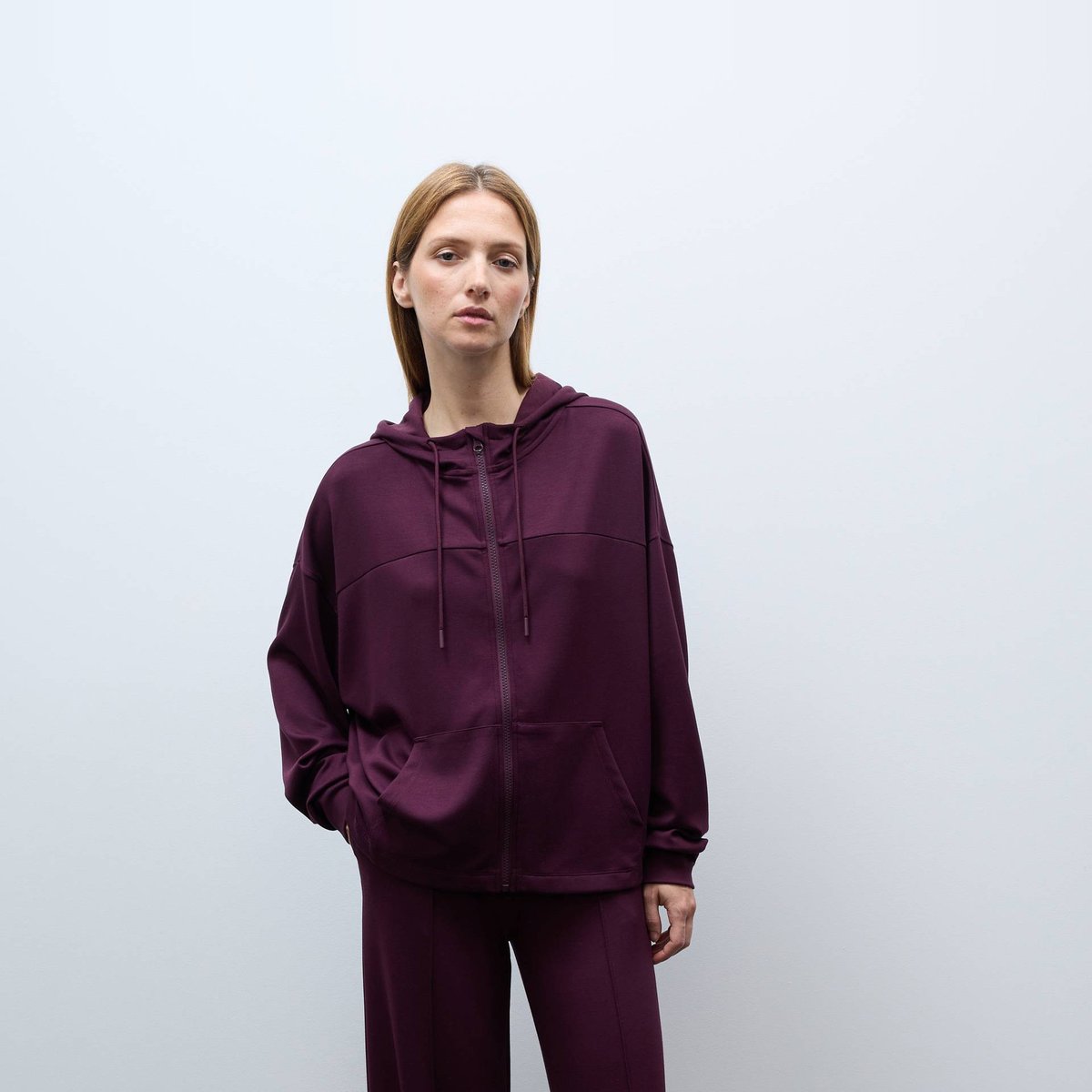 Sweat à capuche zippé fluide en viscose et polyamide porto, MONOPRIX
