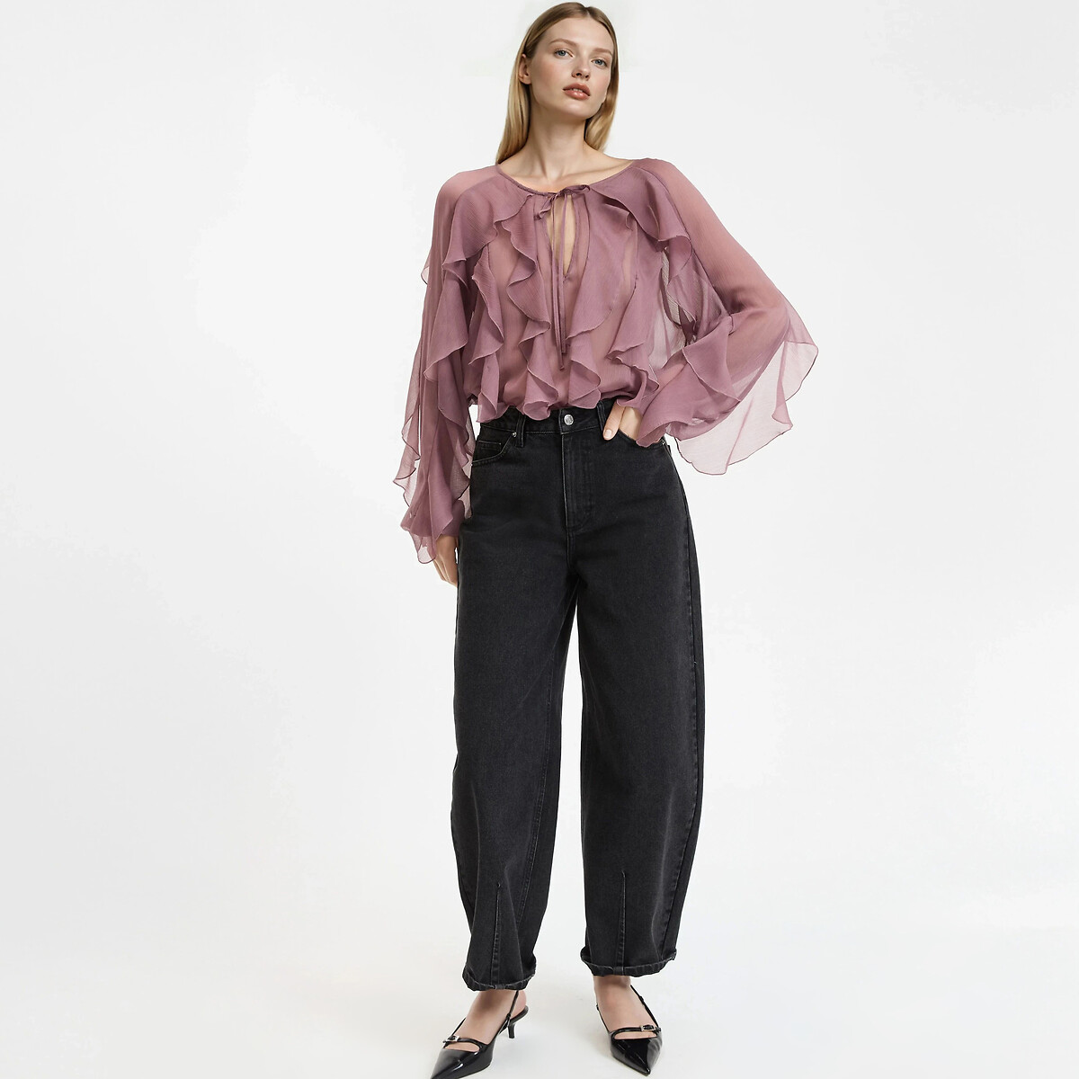 Chemise col rond, volantée, manches longues rose poudré, LA REDOUTE COLLECTIONS