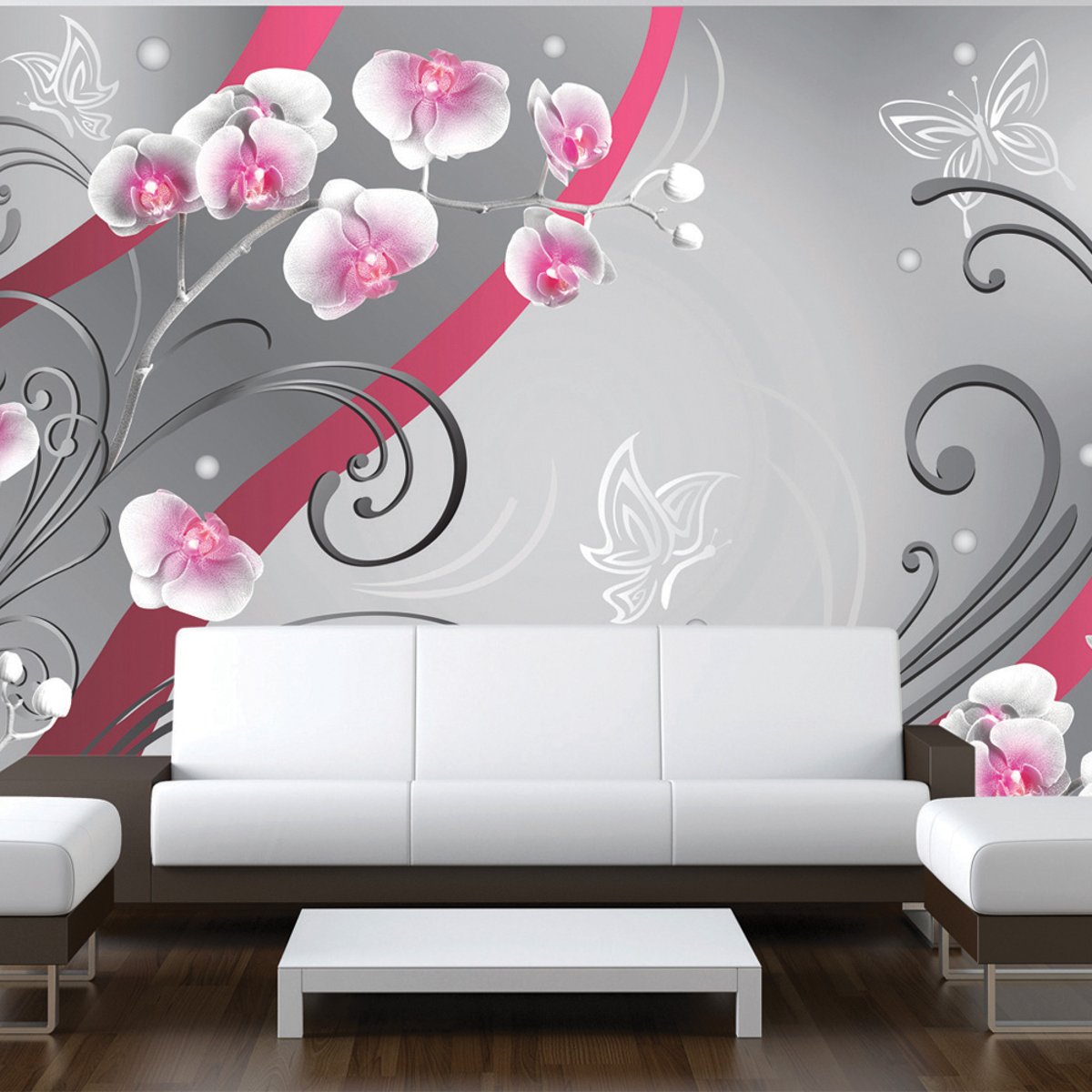 Papier peint intissé panoramique Pink orchids - variation gris / argent, EDEN