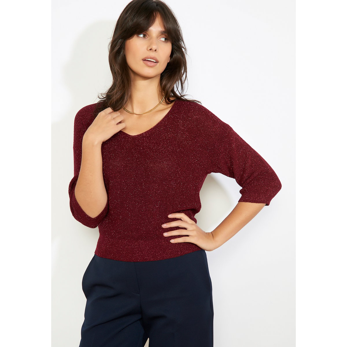 Pull brillant col V aubergine, LOLALIZA