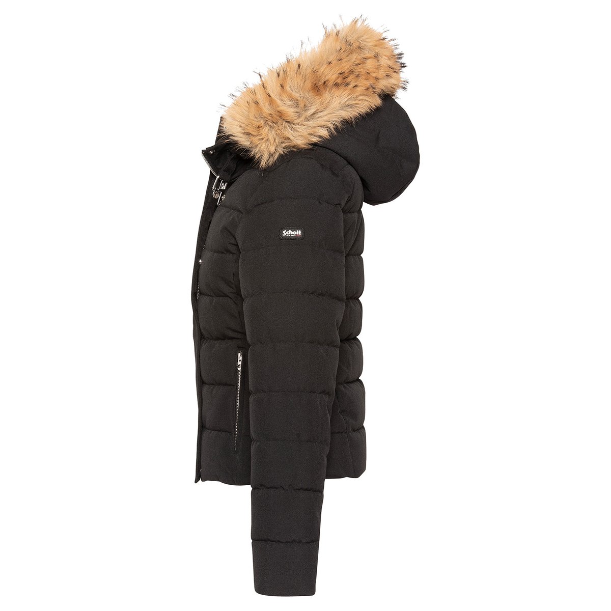 Blouson cintré à capuche bordée de imitation fourrure noir, SCHOTT