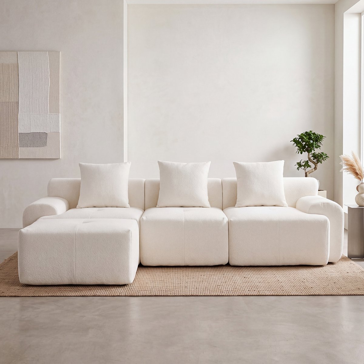 Canapé d'angle réversible compressé 3 places avec pouf, LANDIB beige, MEUBLES COSY