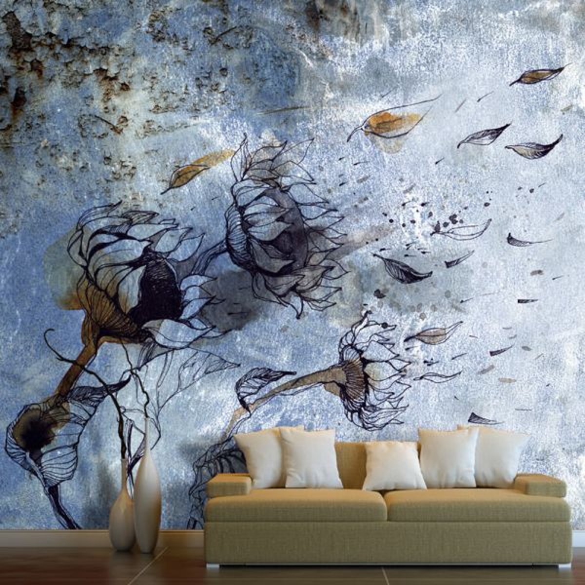 Papier peint intissé panoramique Fleurs In the arms of the wind beige, EDEN