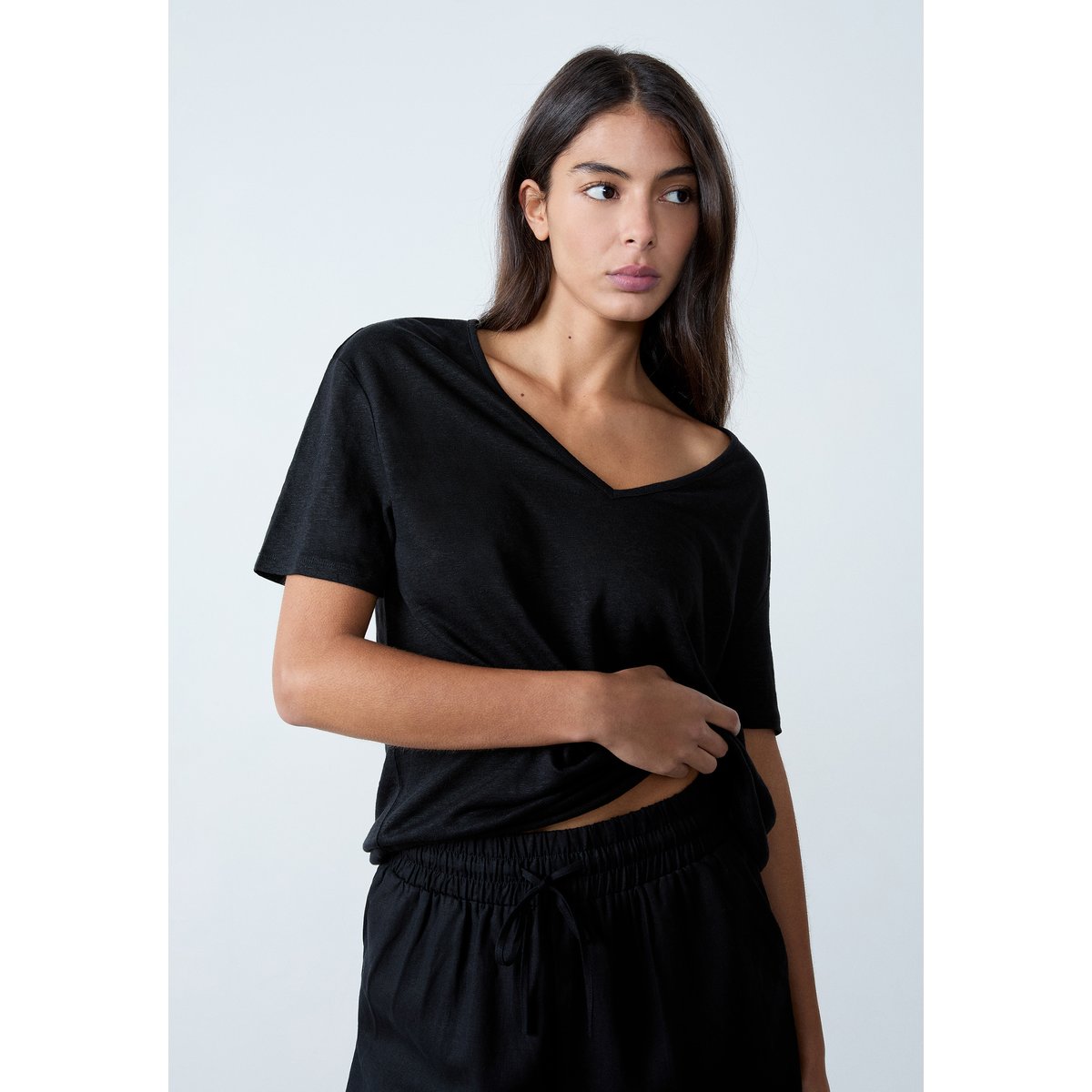 T-shirt col V 100% lin GANGA V noir, ETAM