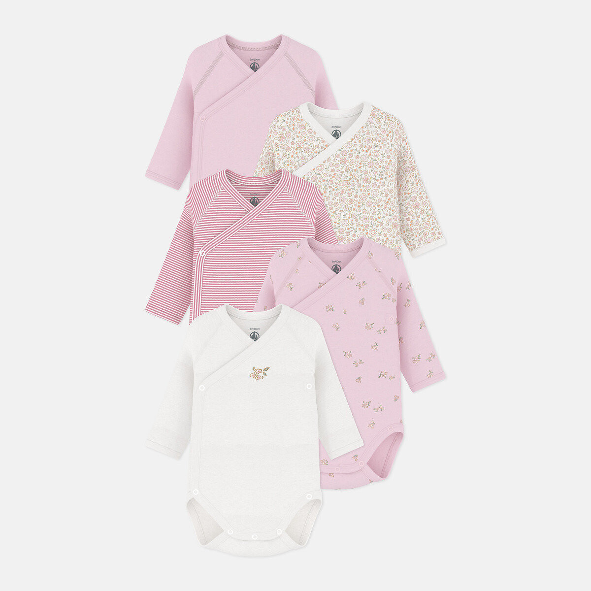 Confezione da 5 body nascita a maniche lunghe rosa + bianco, PETIT BATEAU