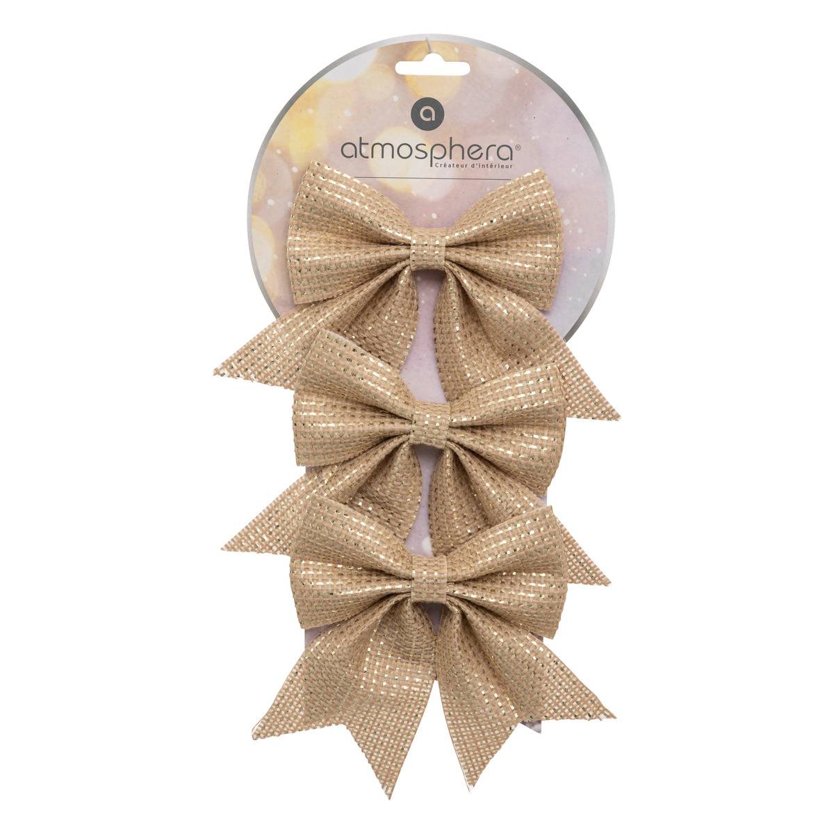 Lot de 3 nœuds déco 12 x 13 cm jute or beige, ATMOSPHERA