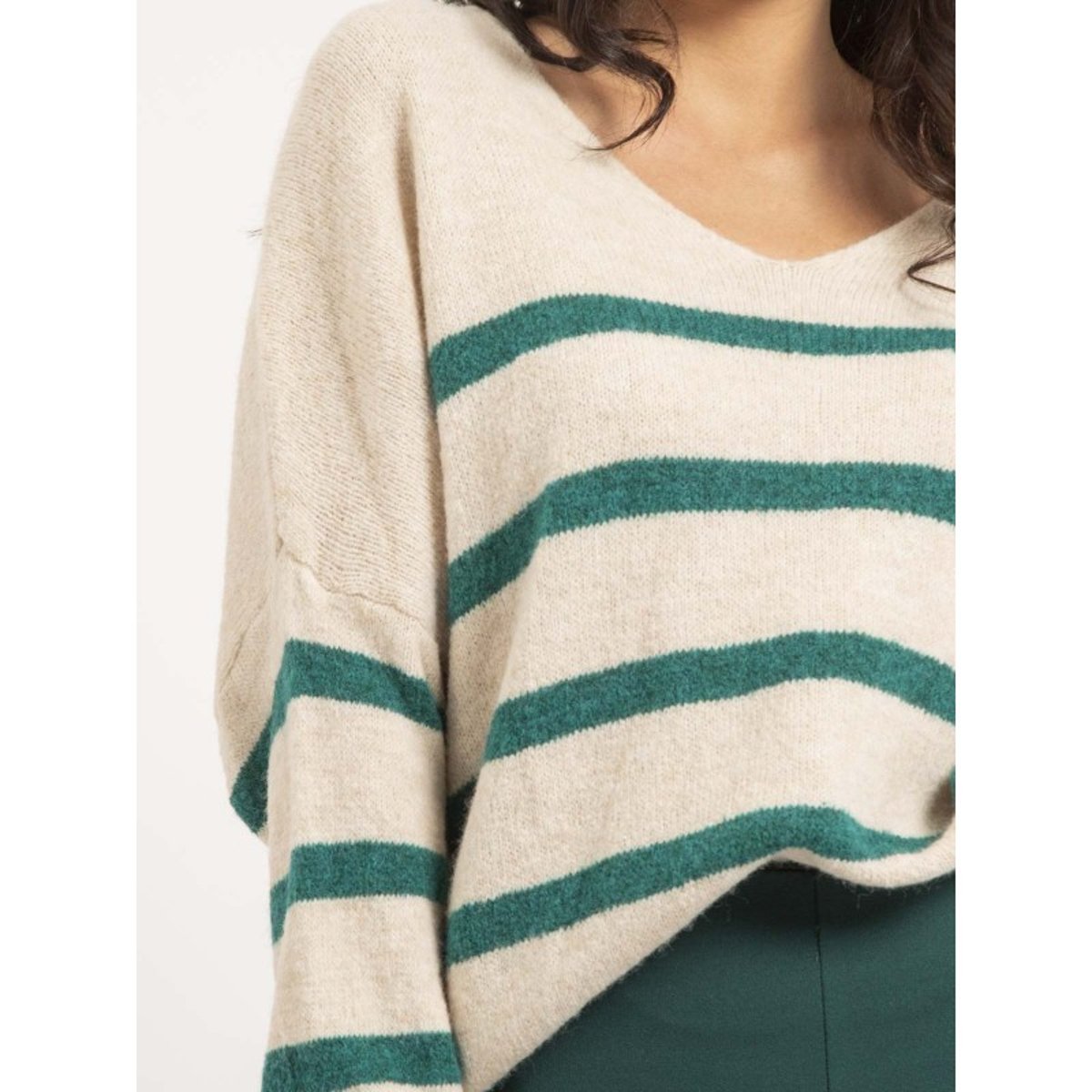 Pull Col V Rayures Klervi vert, DONA LISA