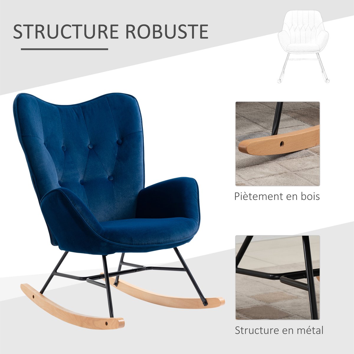 Fauteuil à bascule Velours (100% polyester) bleu, bois clair, noir, HOMCOM