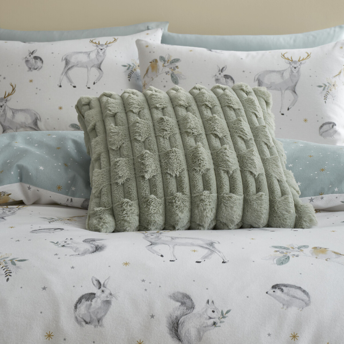 Carved Faux Fur Filled Cushion - Neutral Tones sage green, BIANCA FINE LINENS
