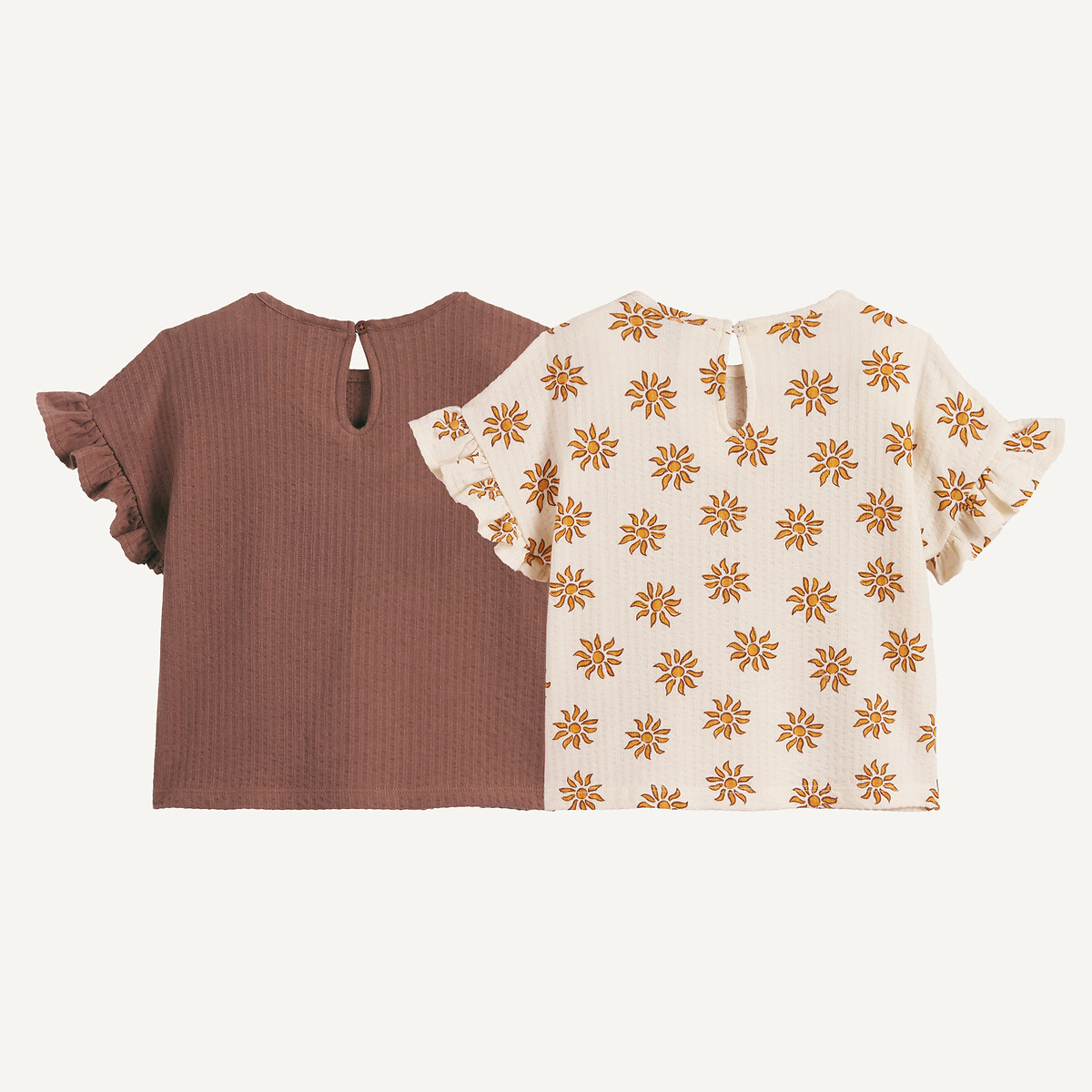 Lot de 2 t-shirts manches courtes uni + imprimé fleurs marron + imprimé écru, LA REDOUTE COLLECTIONS