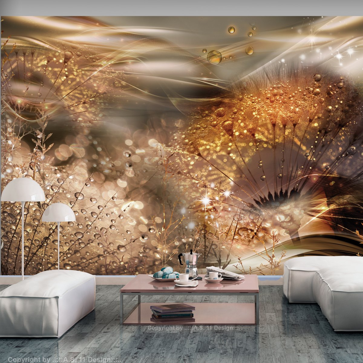 Papier peint intissé panoramique Fleurs Dandelions' World (Gold) jaune / doré, EDEN