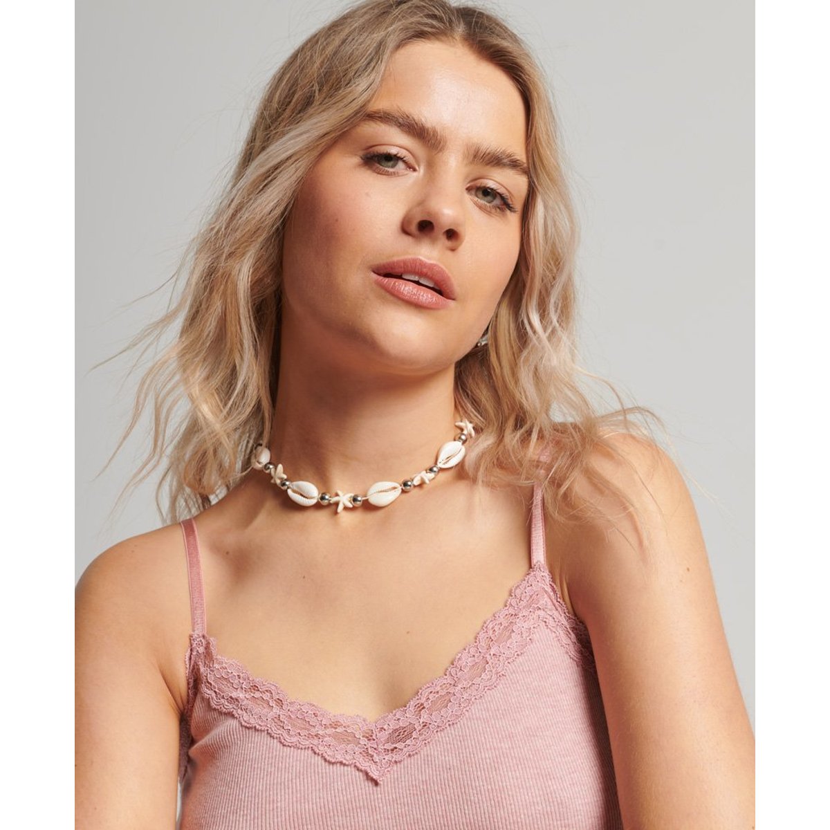 Caraco côtelé à liseré dentelle rose pâle los angeles chiné, SUPERDRY