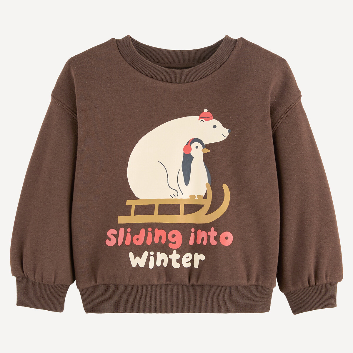 Sweat col rond, imprimé ours polaire et manchot, en molleton marron, LA REDOUTE COLLECTIONS