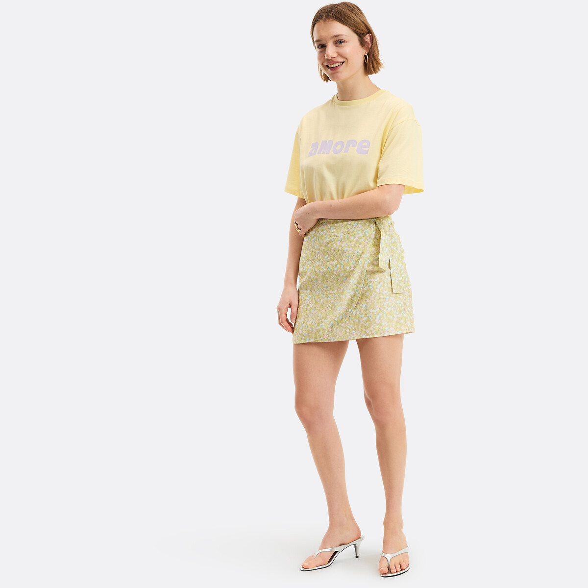 T-shirt com mensagem, gola redonda, mangas curtas amarelo, LA REDOUTE COLLECTIONS