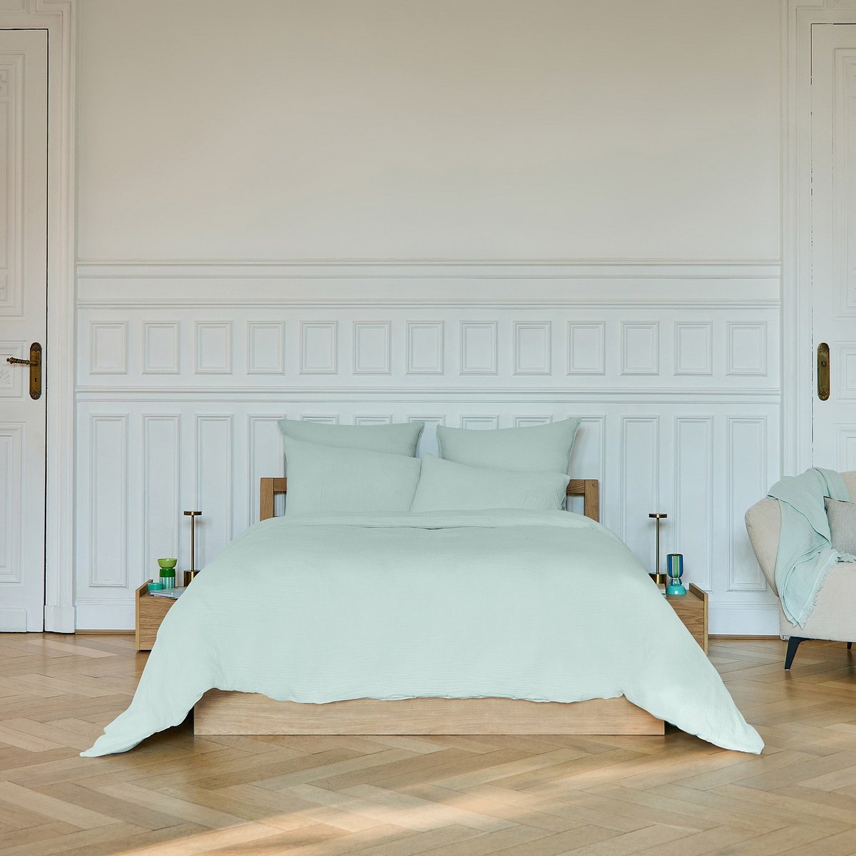 Housse de couette en double gaze de coton ARIELLE vert clair, HABITAT