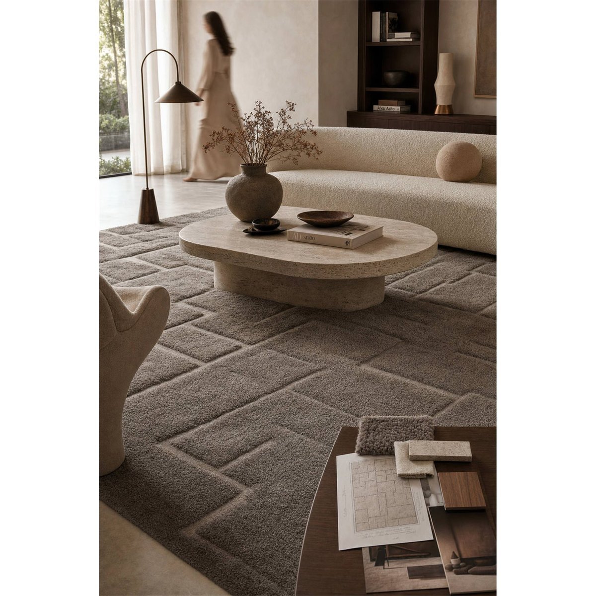 Tapis en laine à relief graphique amande, RECOLLECTION