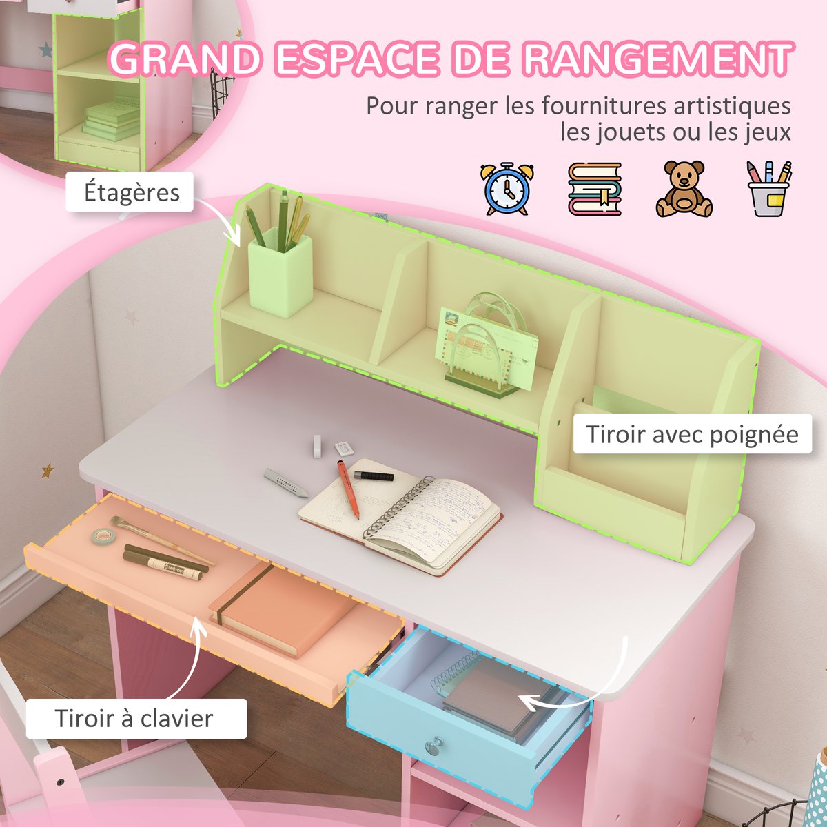 Bureau d'étude pour enfants avec chaise MDF rose et blanc, ZONEKIZ