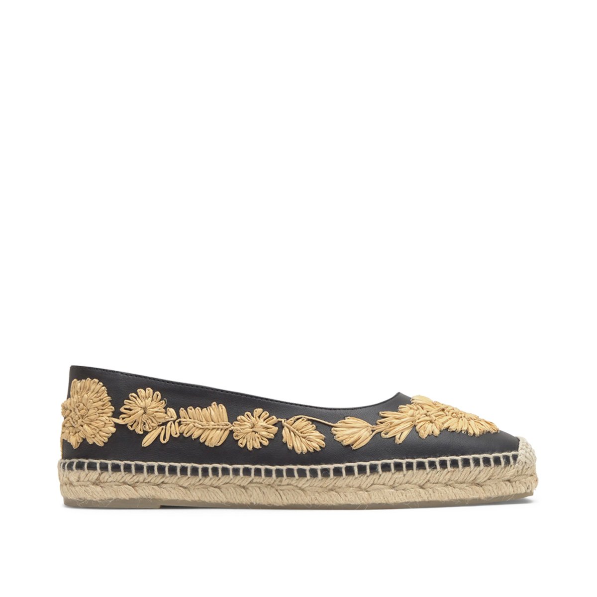 Espadrilles plates en cuir à broderie florales en raphia PARIS PLATFORM noir, CASTANER