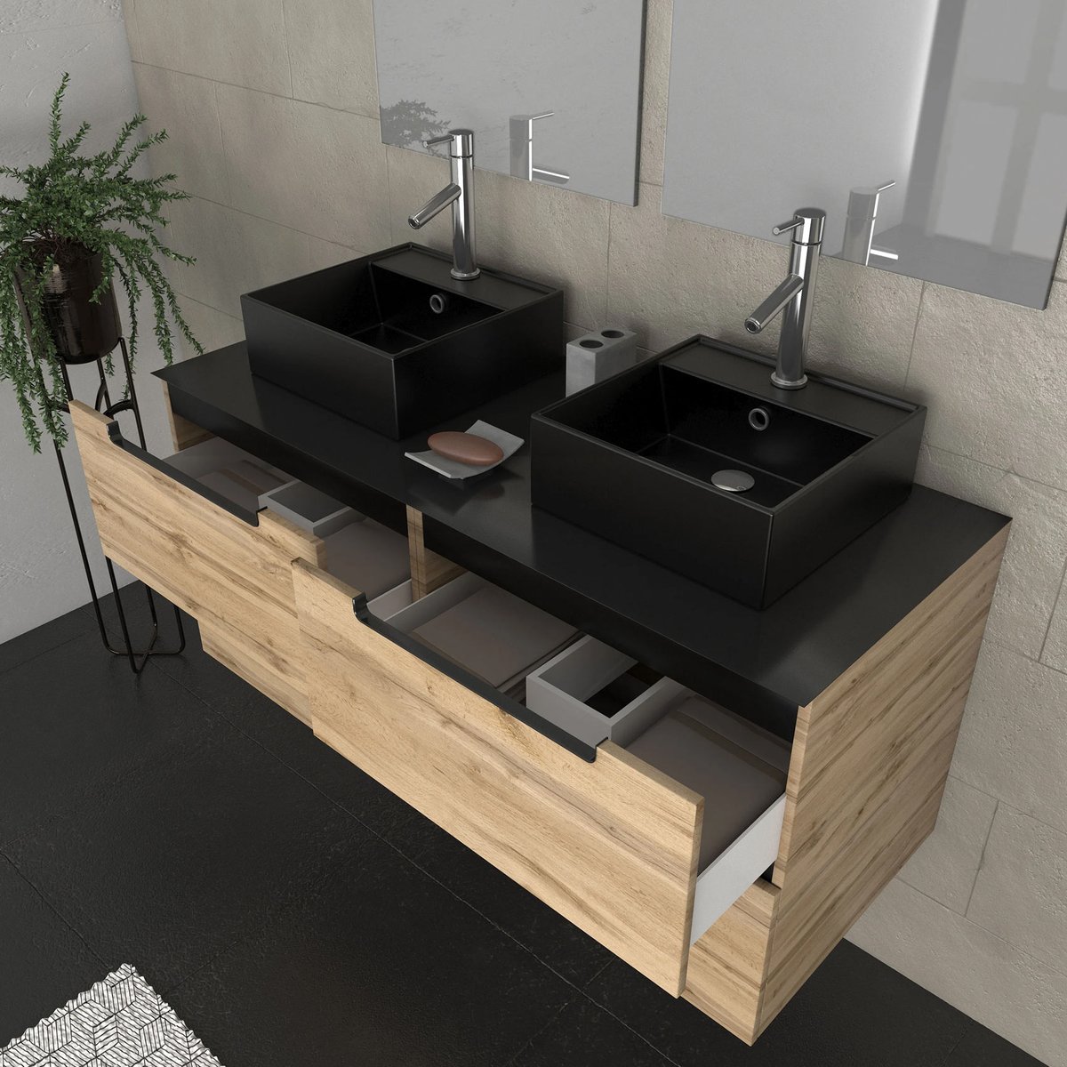 Ensemble de salle de bains avec 2 vasques et miroirs rectangulaires à led naturel, HOME MAISON