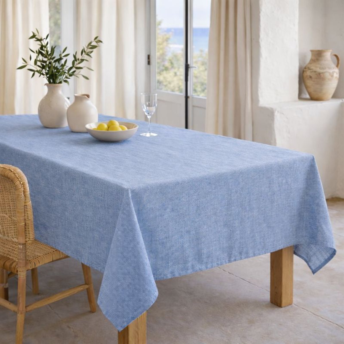 Nappe + 8 serviettes coton COLETTE bleu grec, FEBRONIE