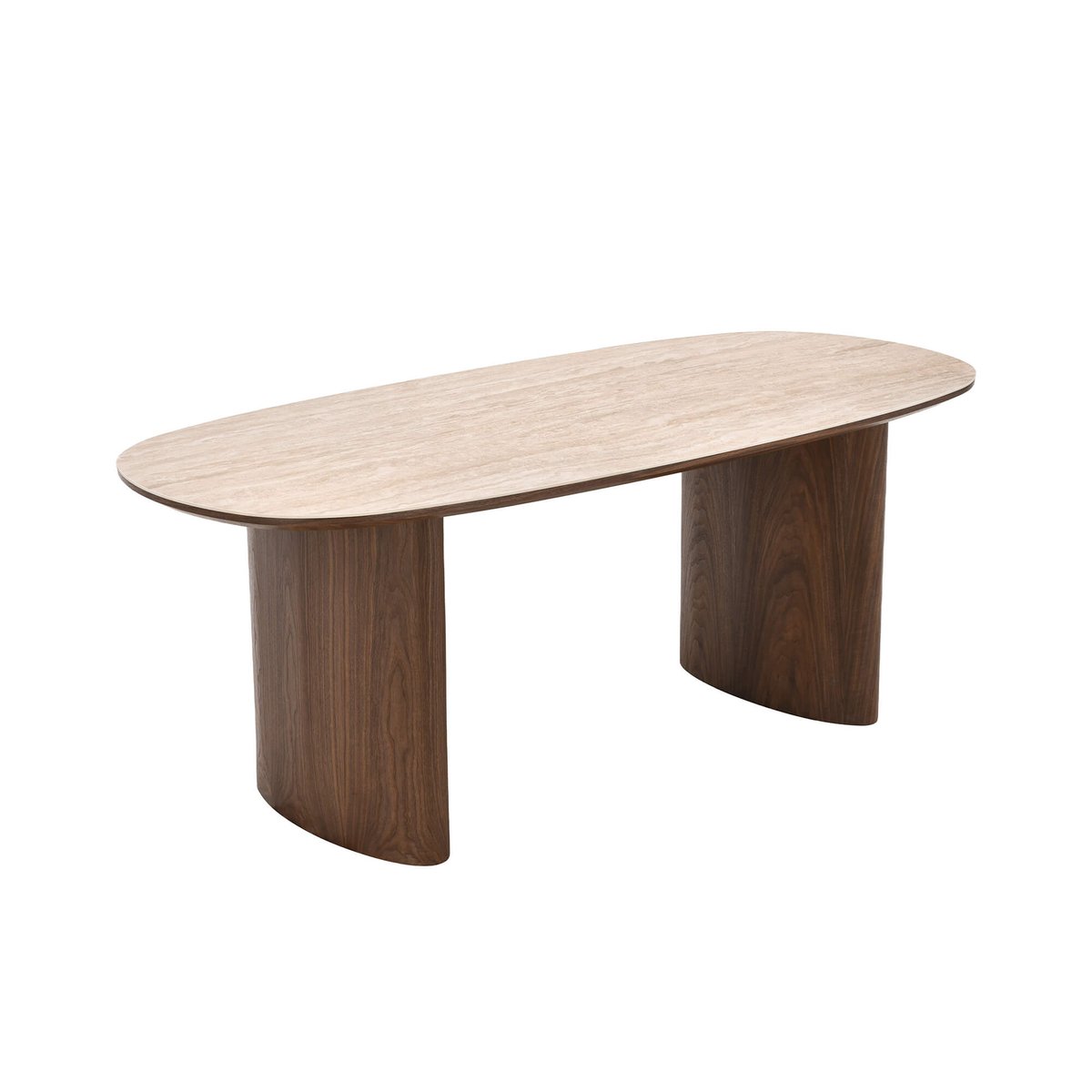 Table de séjour avec plateau en céramique LODEN effet travertin et noyer, SORELH