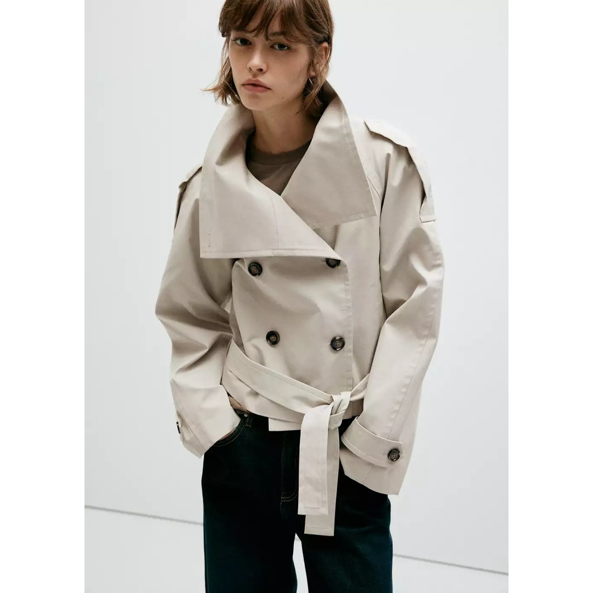Trench crop double boutonnage gris clair/pastel, MANGO