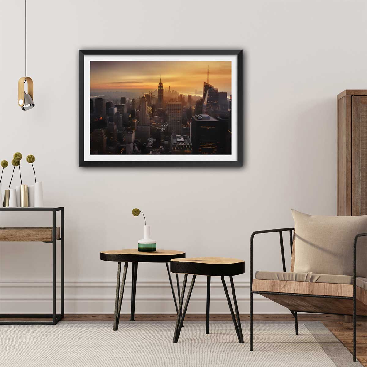 Affiche paysage manhattan's light affiche + cadre en bois - noir, HEXOA