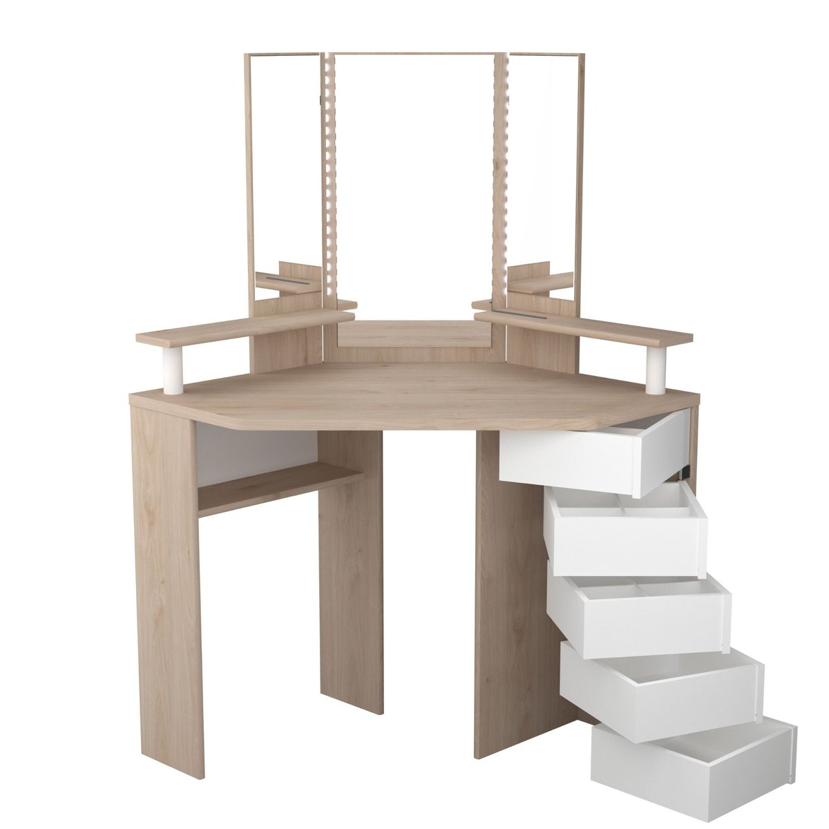 Coiffeuse d'angle avec miroirs et rangements bois naturel, TERRE DE NUIT