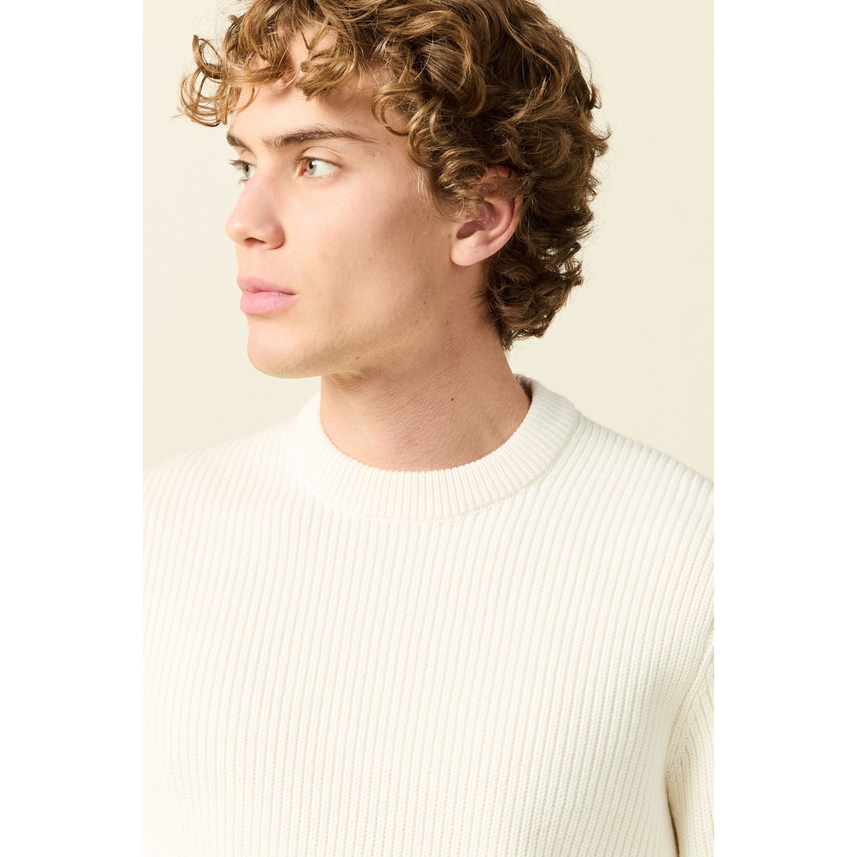 Pull fin manches longues col rond ecru, BONOBO