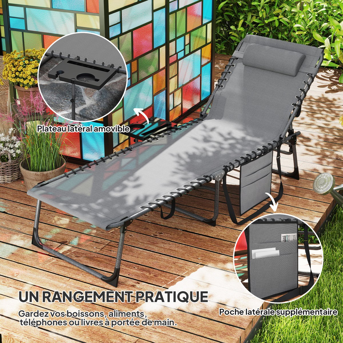 Chaise longue Tissu Oxford Gris gris, OUTSUNNY