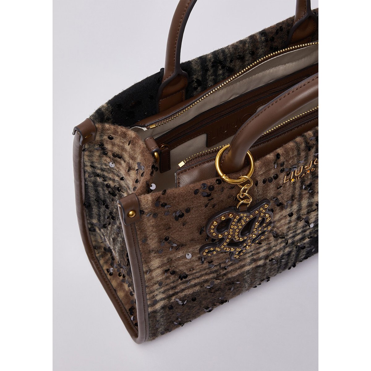 Sac moyen format à carreaux avec paillettes marron foncé, LIU JO