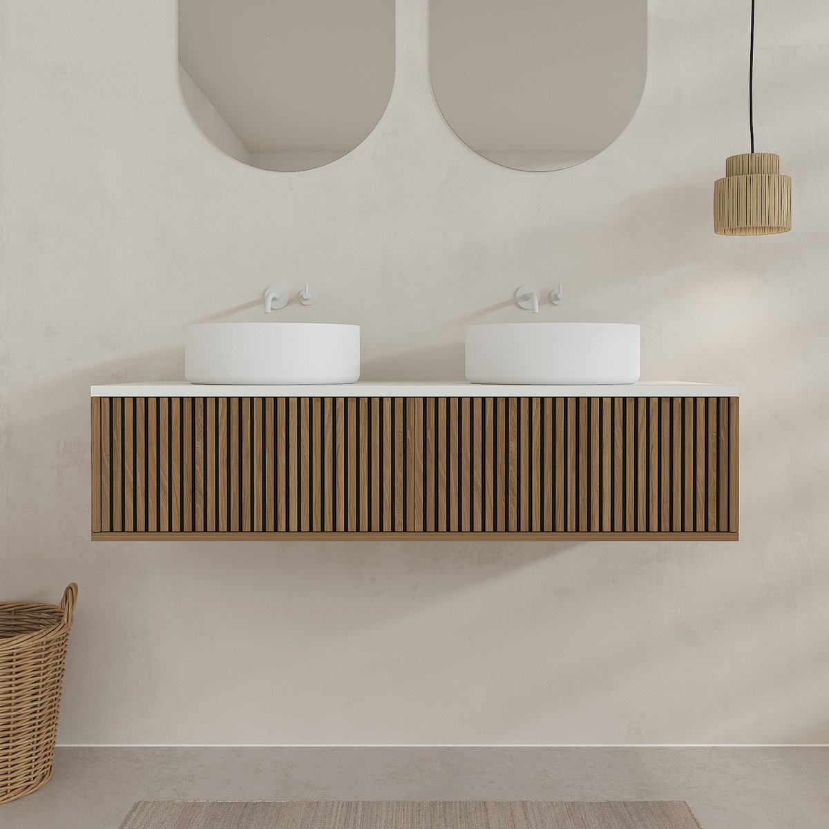 Meuble de salle de bain suspendu avec façade crantée, plan de toilette et vasque(s) à poser naturel, HOME MAISON