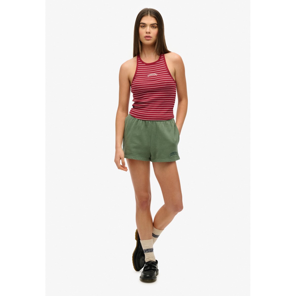 Débardeur rayé à dos nageur et logo Essential rayé rouge bordeaux, SUPERDRY