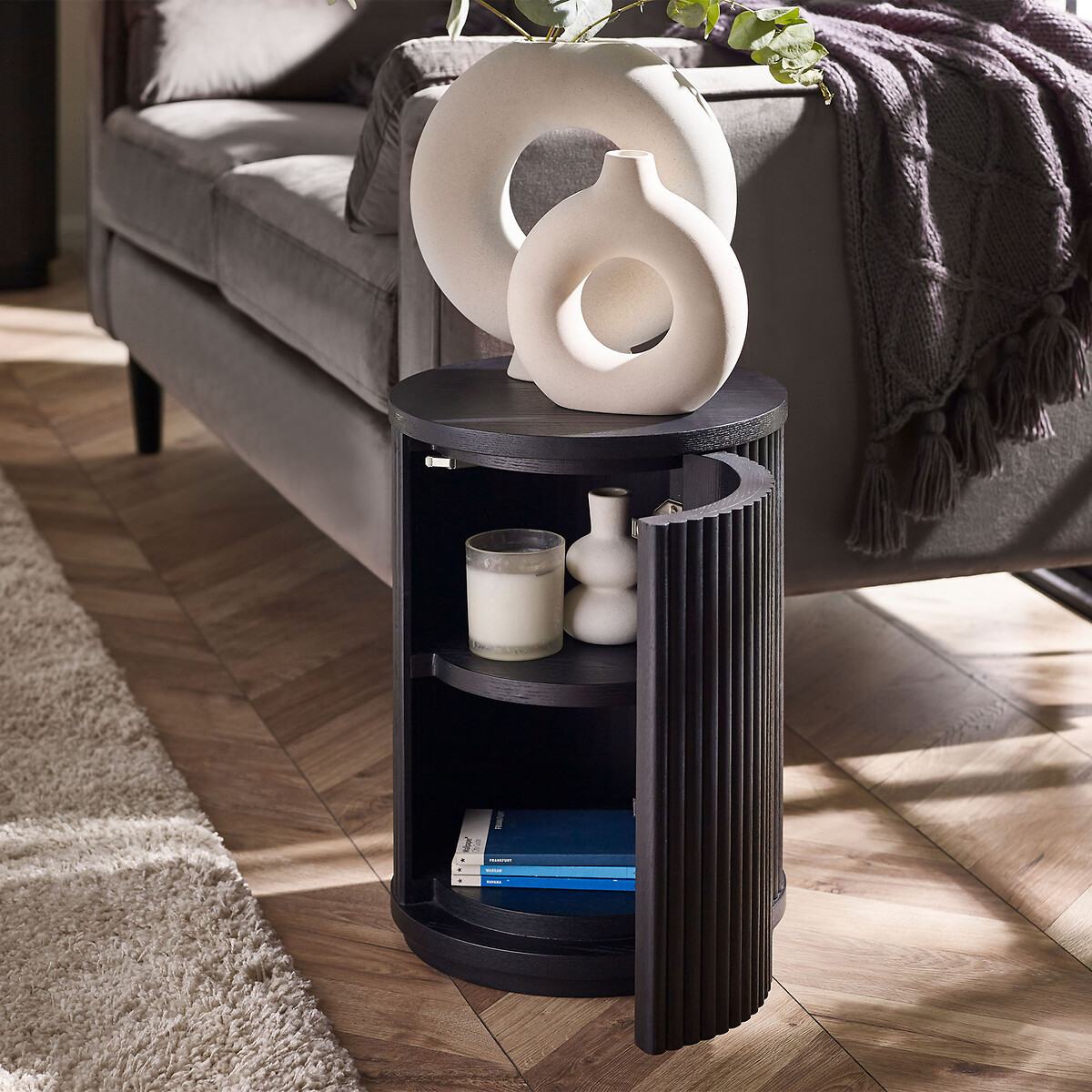 Lucien Fluted Wood Round Side Table with Hidden Storage black, SO'HOME