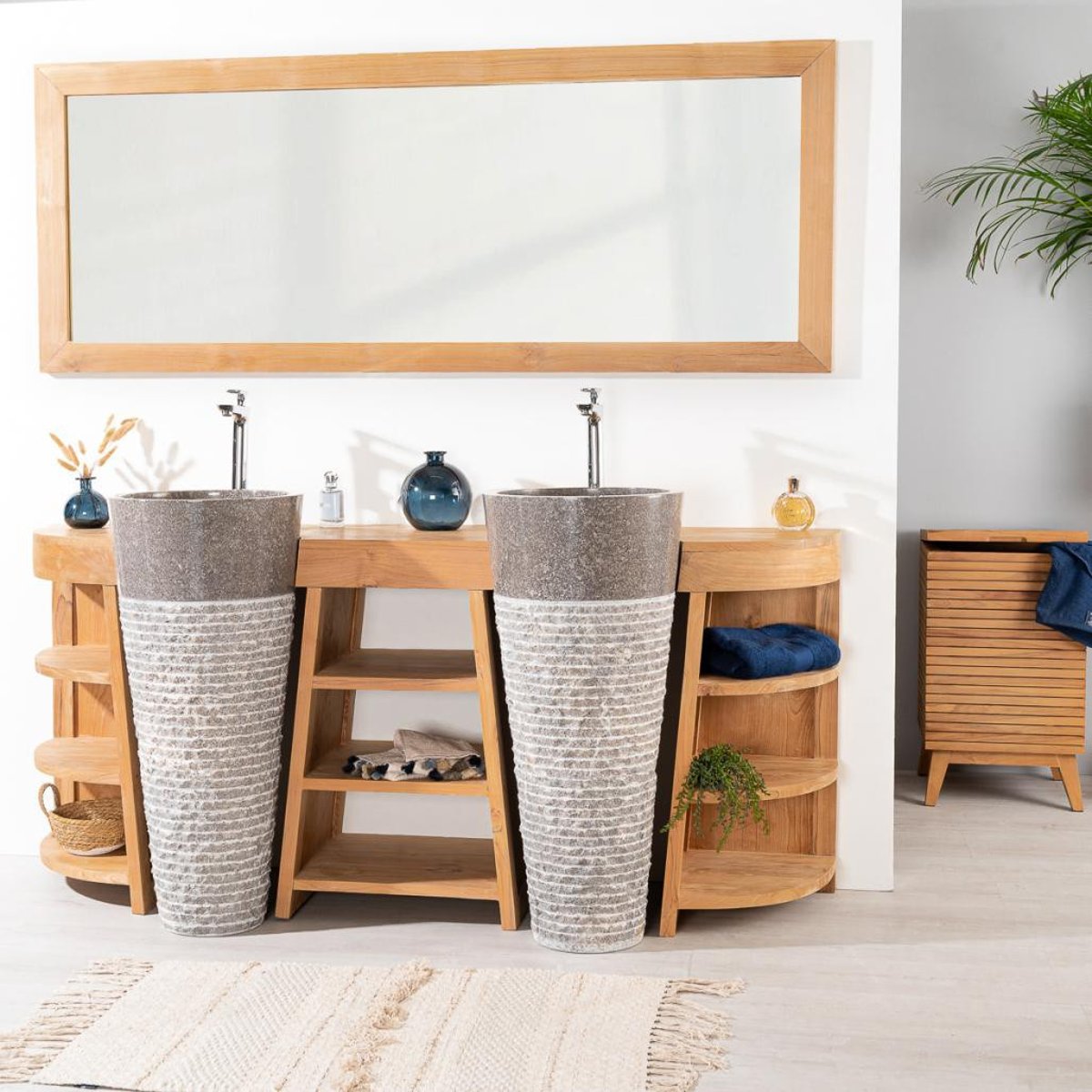 Meuble + vasques double en teck rectangle 180cm FLORENCE gris, WANDA COLLECTION