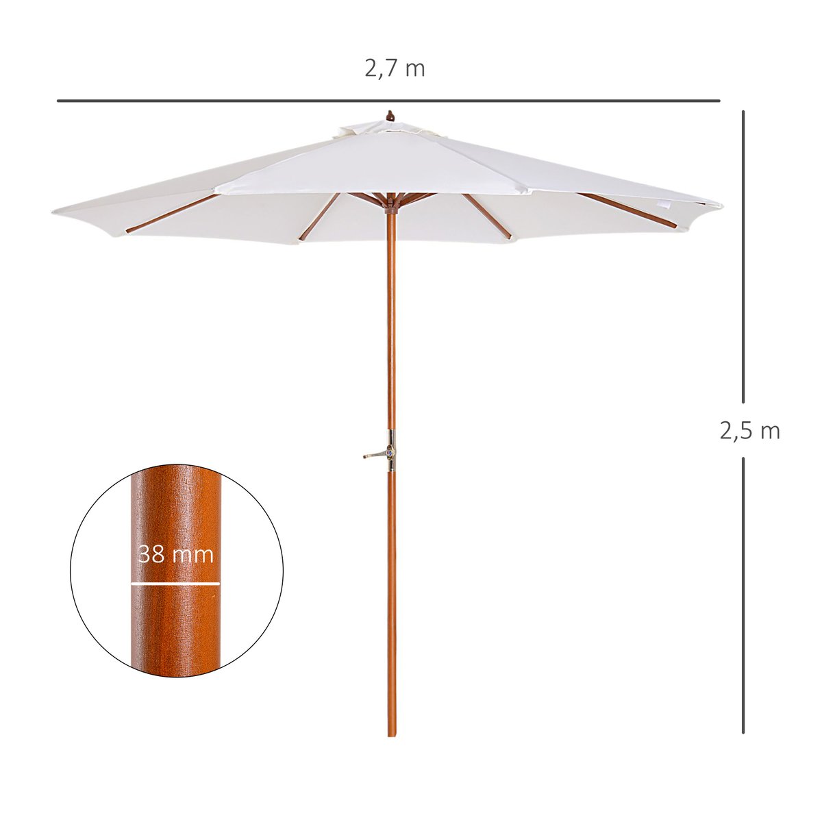 Parasol droit octogonal 2,7 x 2,5 m manivelle bois toile haute densité crème beige, OUTSUNNY