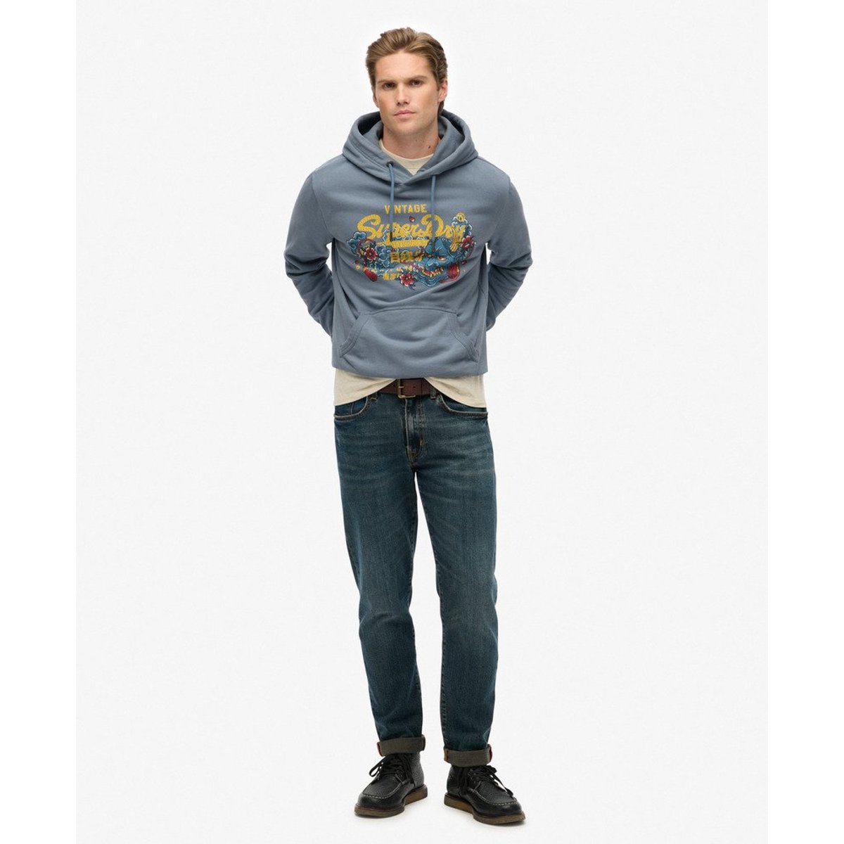 Sweat à capuche décontracté Vintage Logo Tokyo bleu gris grès, SUPERDRY