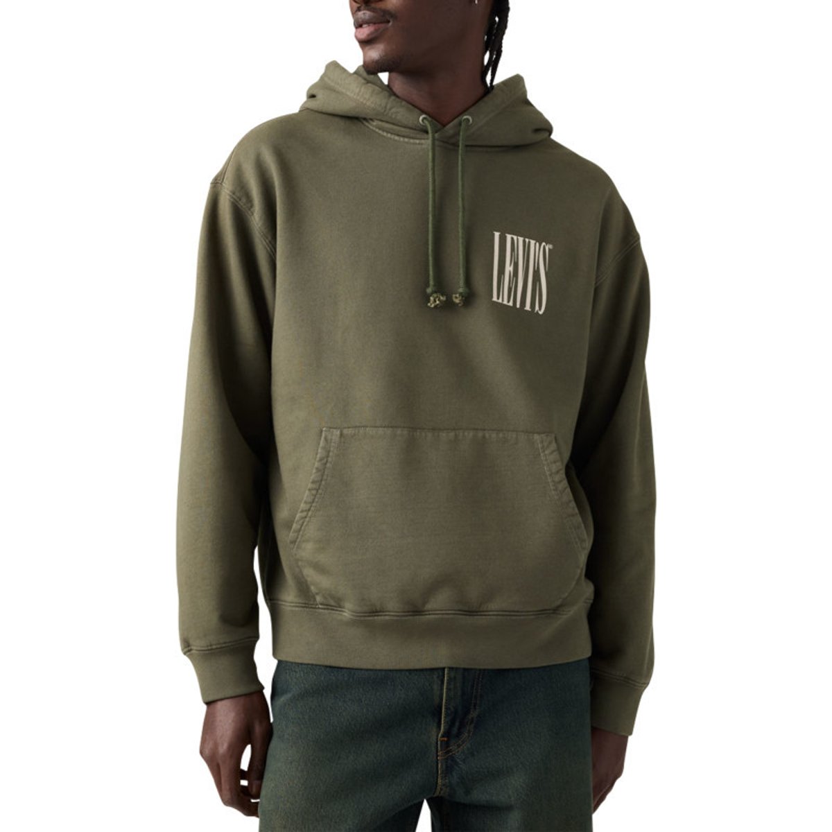 Sweat en coton mélangé kaki uni avec une coupe droite et une capuche vert, LEVI'S