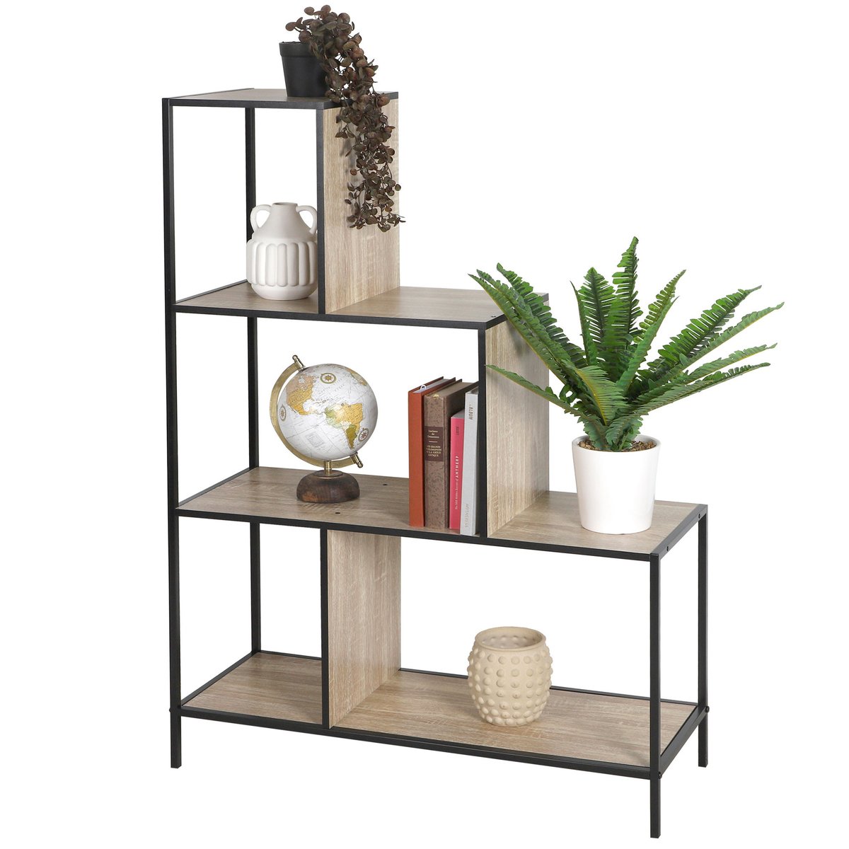 Étagère bibliothèque escalier en métal noir et bois 4 niveaux 80x30x112.5cm bois, URBAN LIVING