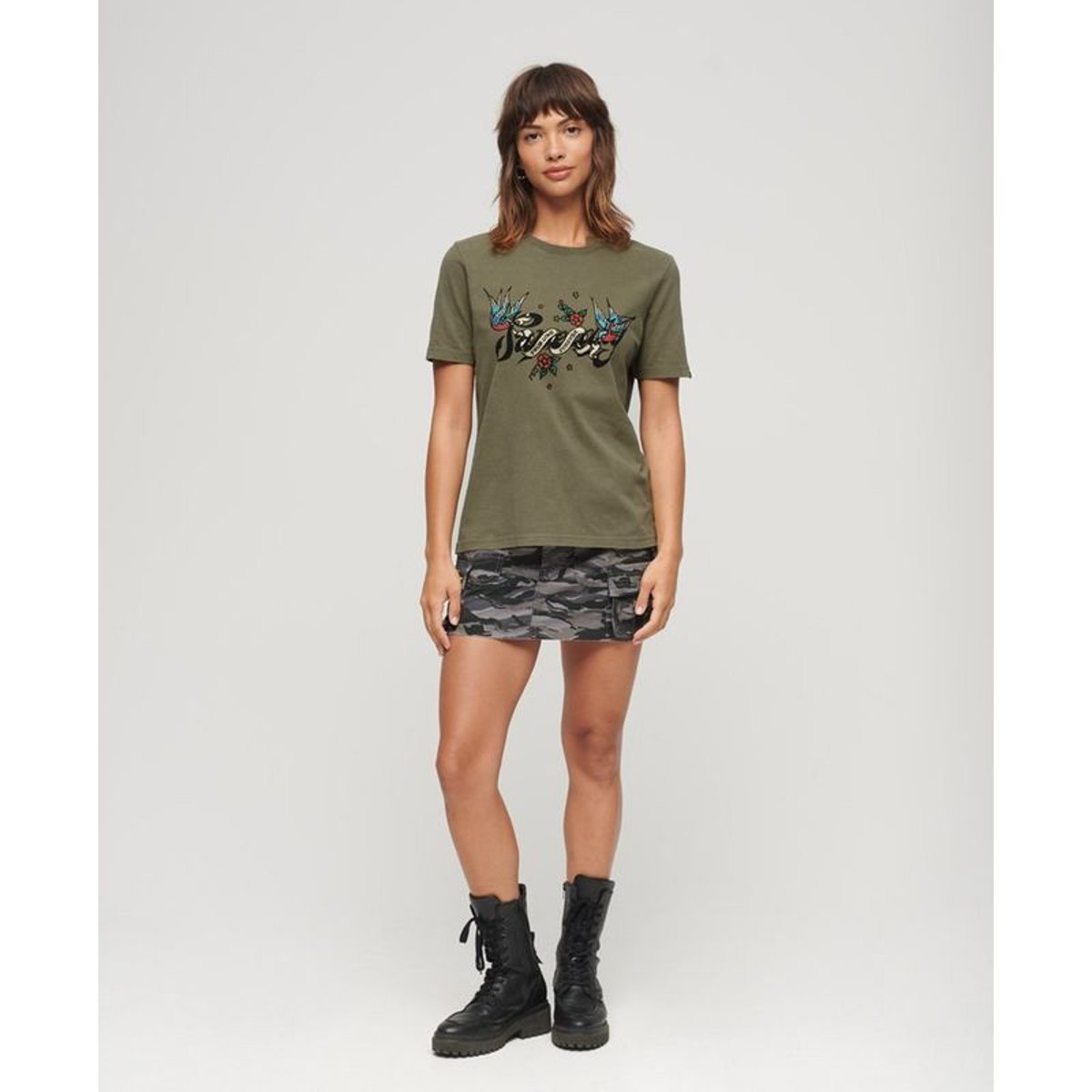 T-shirt à motif tatouage Script kaki mousse, SUPERDRY