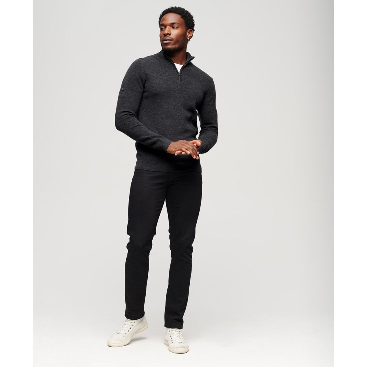 Pull semi-zippé en laine mérinos anthracite foncé chiné, SUPERDRY