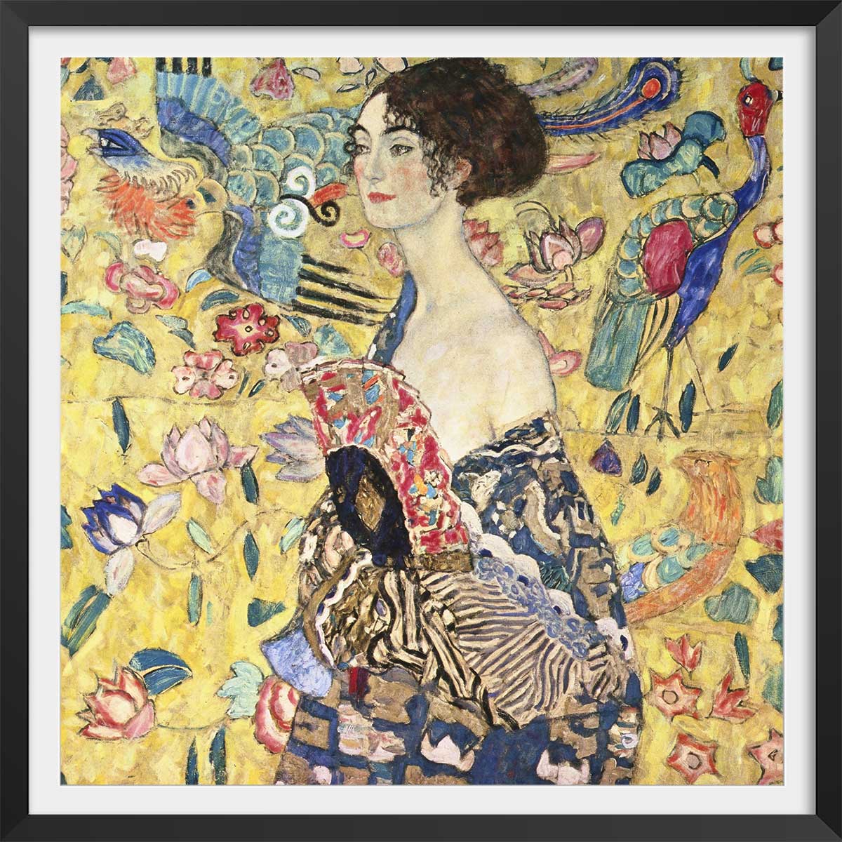 Poster La femme à l'éventail - Gustav Klimt affiche + cadre en bois - noir, HEXOA