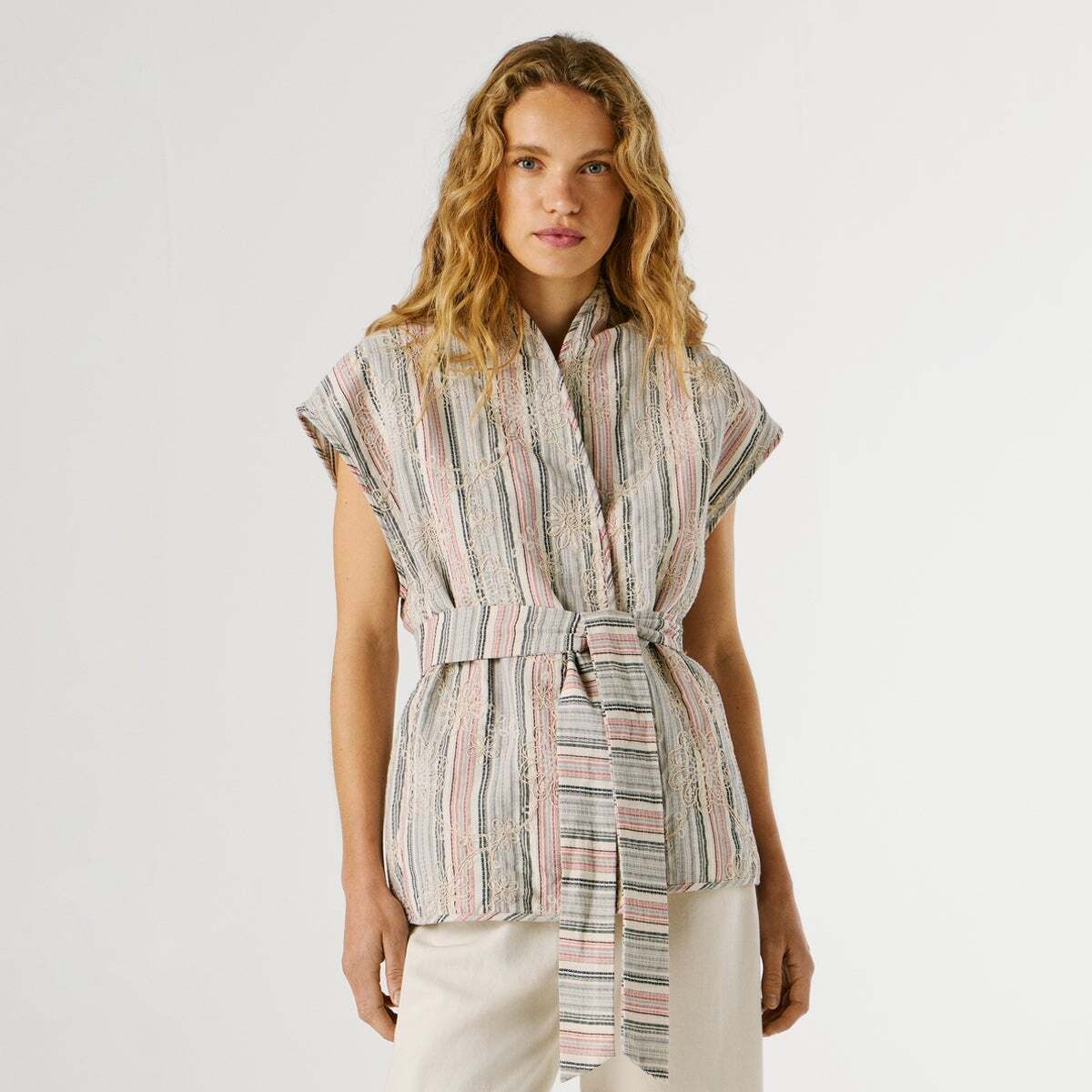 Gilet À Rayures Avec Ceinture blanc, PEPE JEANS