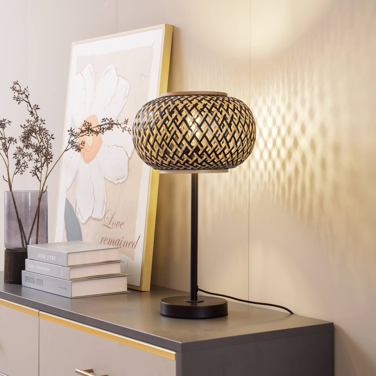 Lampe à poser en bois traditionnelle, Nerys noir, bois foncé, LINDBY