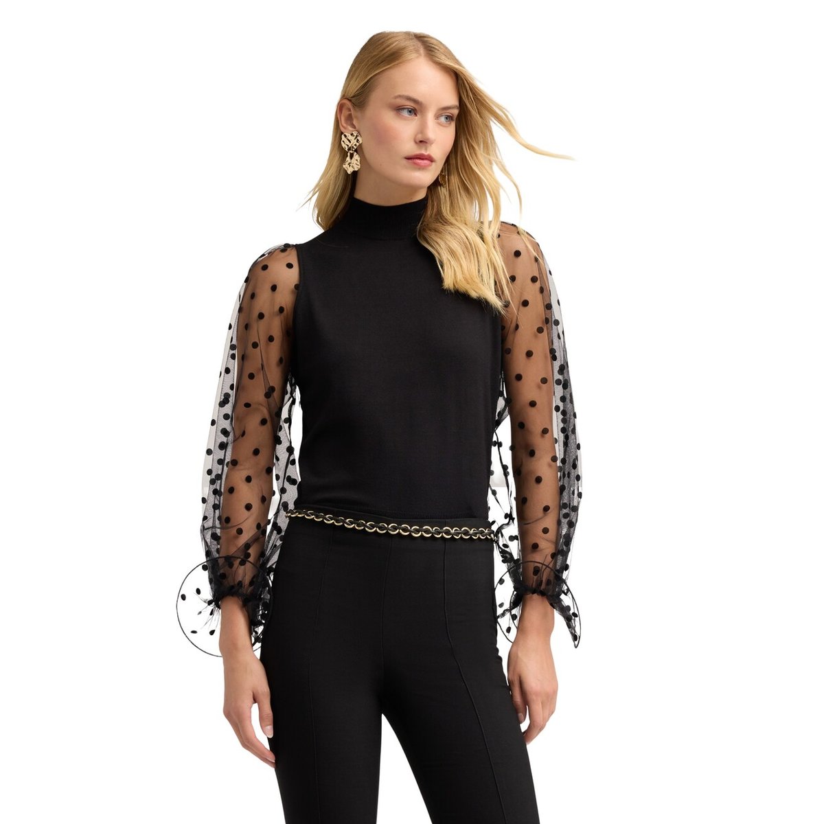 Col roulé avec manches en tulle noir, MOTIVI
