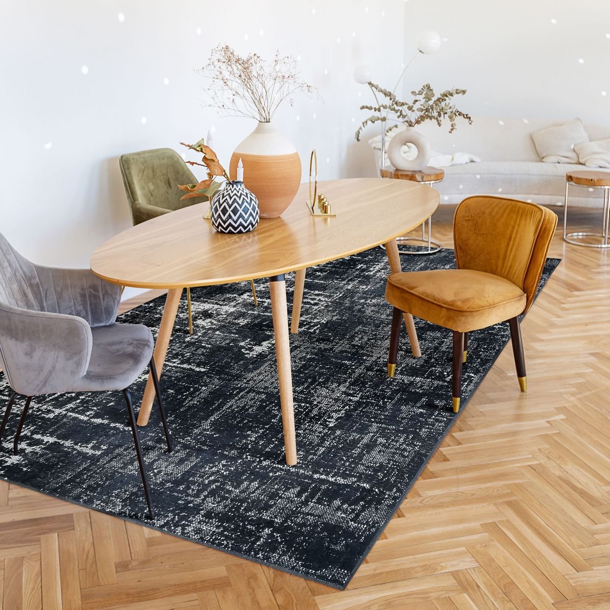 Tapis salon vintage chic effet vieilli STELLE gris, THE DECO FACTORY