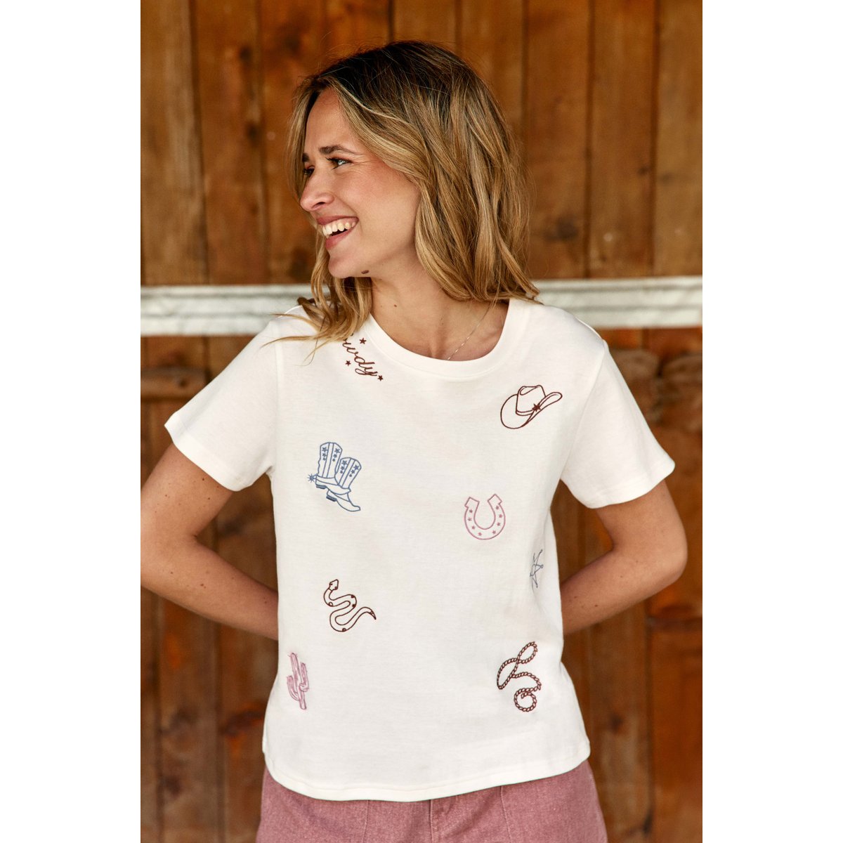 T-shirt manches courtes col rond imprimé broderie TAIGO 11-ecru, LA PETITE ETOILE