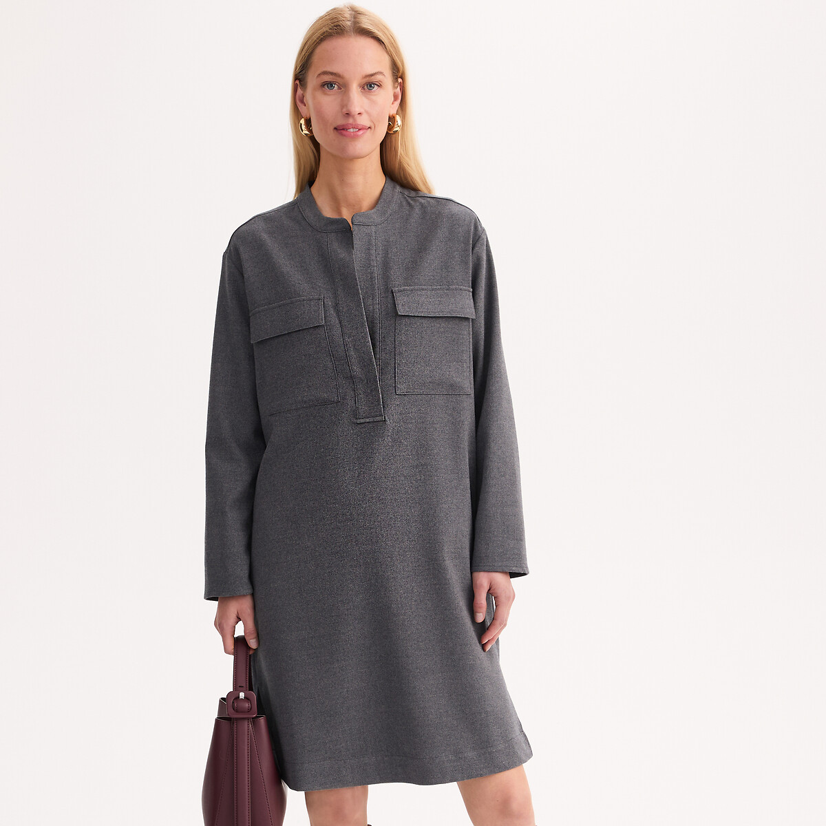 Robe droite, en flanelle, manches longues anthracite, ANNE WEYBURN