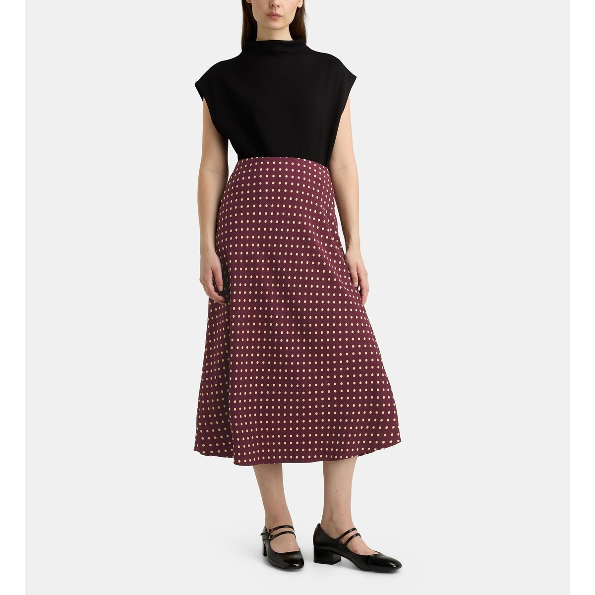 Jupe midi évasée turin dot pois bordeaux, GALERIES LAFAYETTE