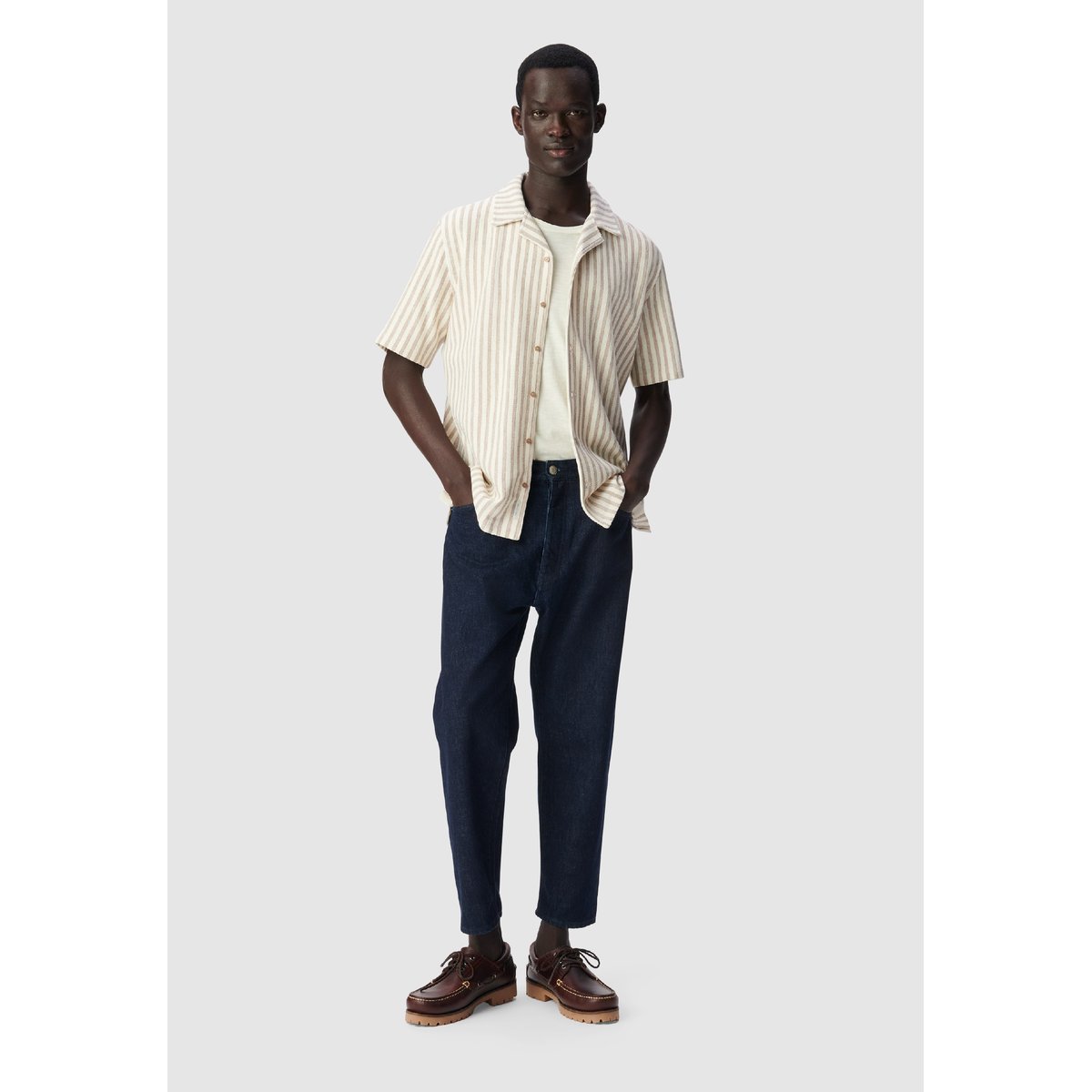 Chemise regular manches courtes maille rayée warm taupe, IKKS